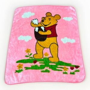 VINTAGE Winnie the‎ Pooh Holding Honey Pot Clouds Blanket Throw Pink Plush RARE